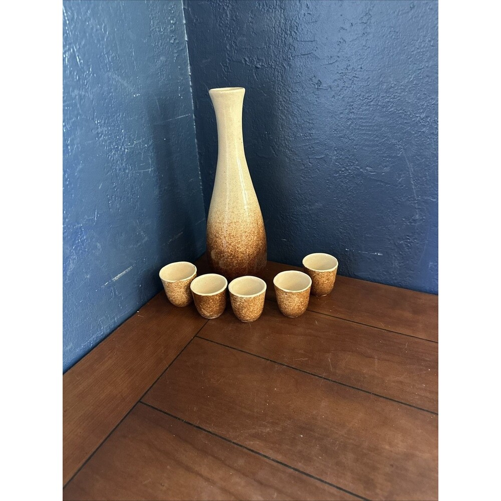 Vintage Stoneware Pottery Pitcher Signed Brown Tone Colors Set of 6